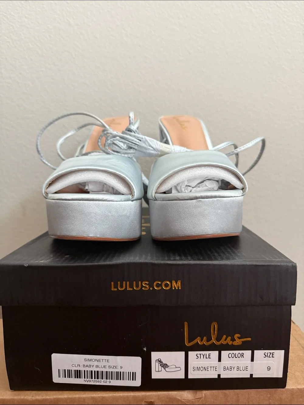 Lulu's Baby Blue Satin Platform Heeled Sandal with Pearl Accent